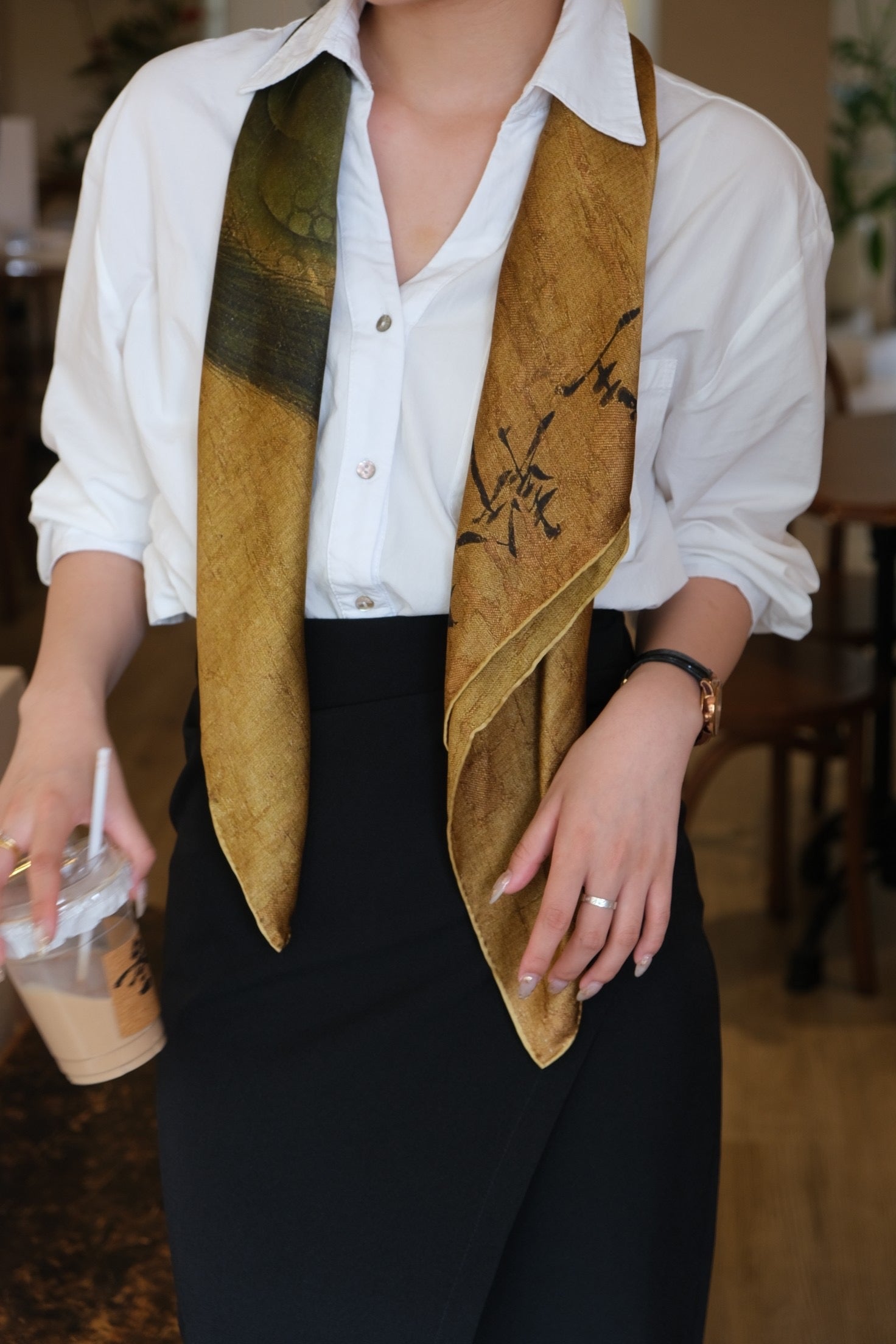 Close up view of handmade silk scarf details