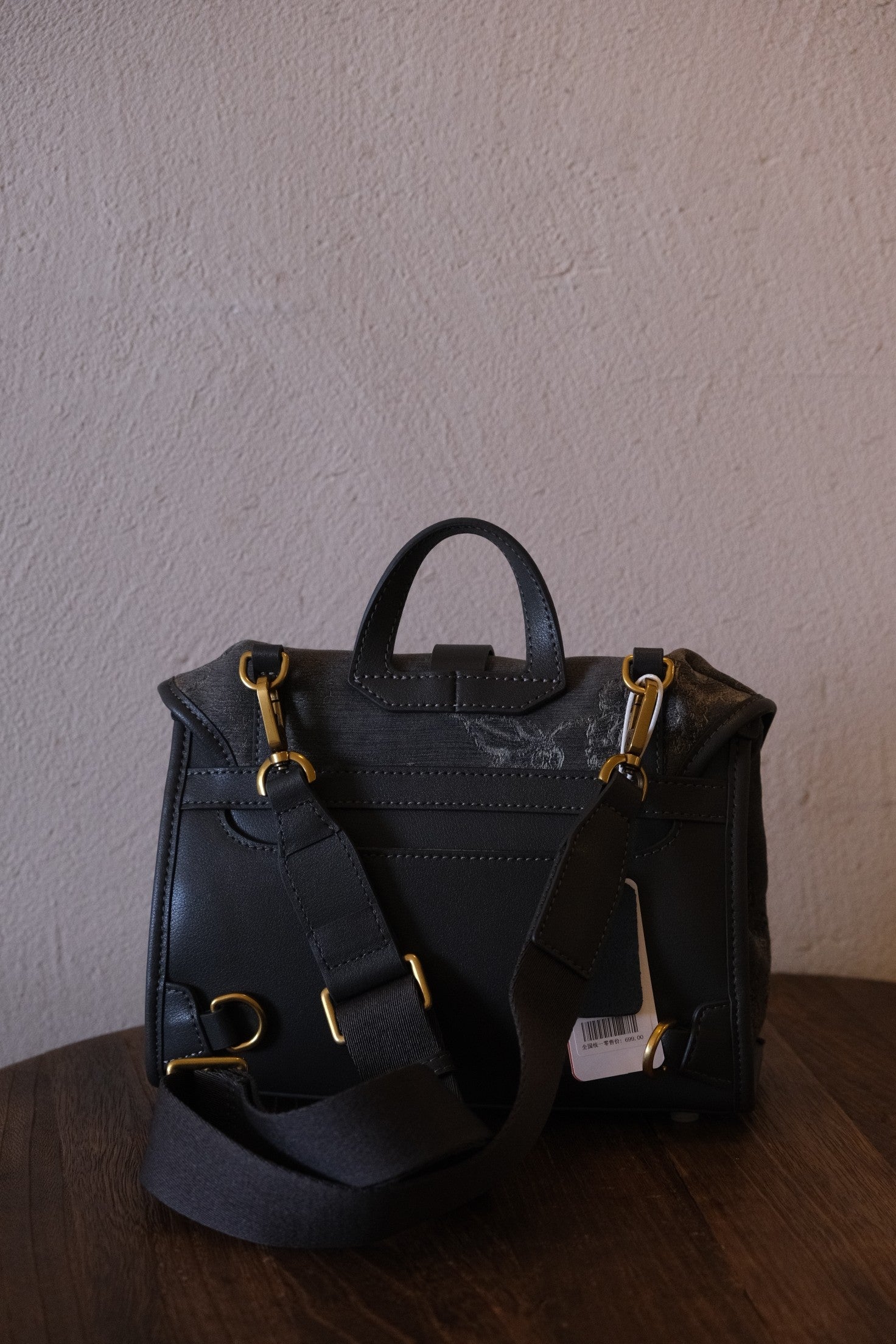 Back view of grey floral Xiangyunsha convertible satchel backpack